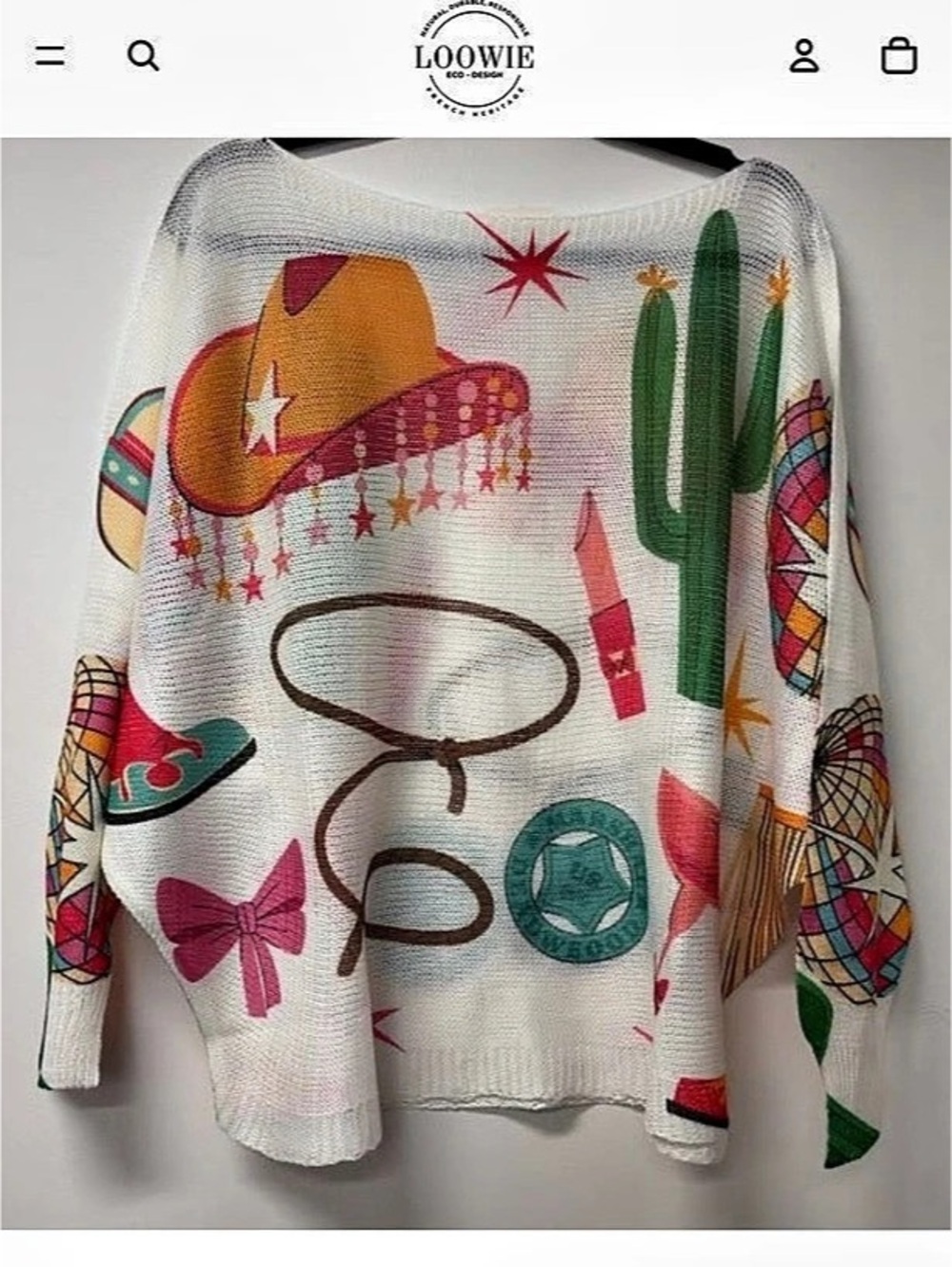 L236 LOOWIE White Western Cowgirl Printed Sweater Western Cowgirl Sweater